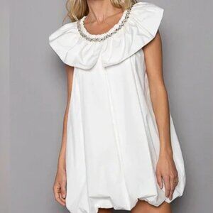 POL White Jeweled Ruffle Collar Mini Dress Size L Rhinestone Poplin Stunning!